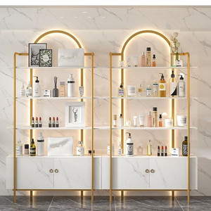 Professional Modern Wood Salon <b>Shoe</b> Rack Storage Display <b>Stand</b> with Light Shiny Gold Finish for Beauty Shop Nail Polish Shelf - Product Image 2