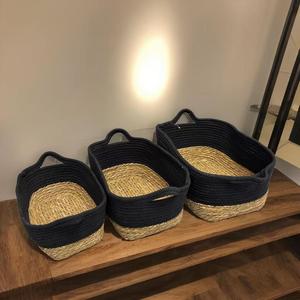 Großhandel Umweltfreundliches Modernes Rechteckiges Naturgras-Baumwollseil Mini-Heimdekor Mehrzweck-Aufbewahrungskorb-Set mit Griffen - Product Image 2