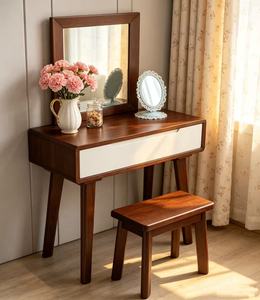 Premium Two-tone Solid Wood Dressing <b>Table</b> With <b>Mirror</b> & Stool Drawer Storage Bedroom Makeup <b>Vanity</b> - Product Image 3