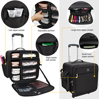 Pour les professionnels, étui de maquillage de voyage détachable à fermeture éclair en nylon noir 2 en 1 de grande taille