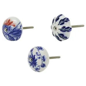 Chinese Style Blu White Hand painted Ceramic Single Round Knob Retro Cabinet Drawer Handle JK