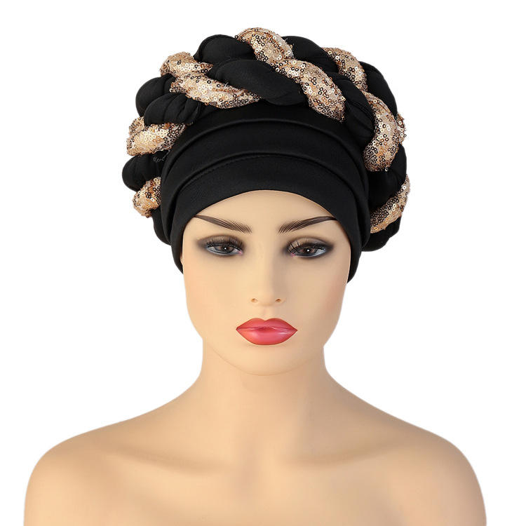 Women Turban Cap Beaded Headscarf Beanie Twisted Braid Hat