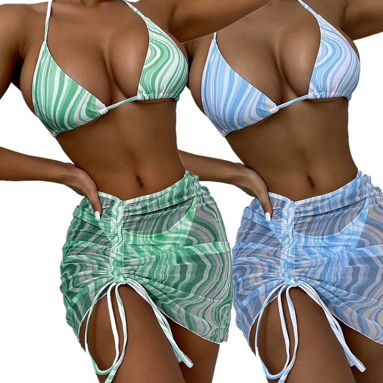 Maiô feminino triangular, roupas de banho com malha saia de praia 3 peças