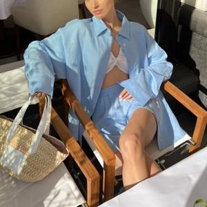 Nuevo Conjunto de Dos Piezas de Lino 100% Ligero y Transpirable, Camisa de Lino Holgada Informal, Pantalones Cortos de Lino Elástico en Línea A, Color Azul Bebé - Product Image 2