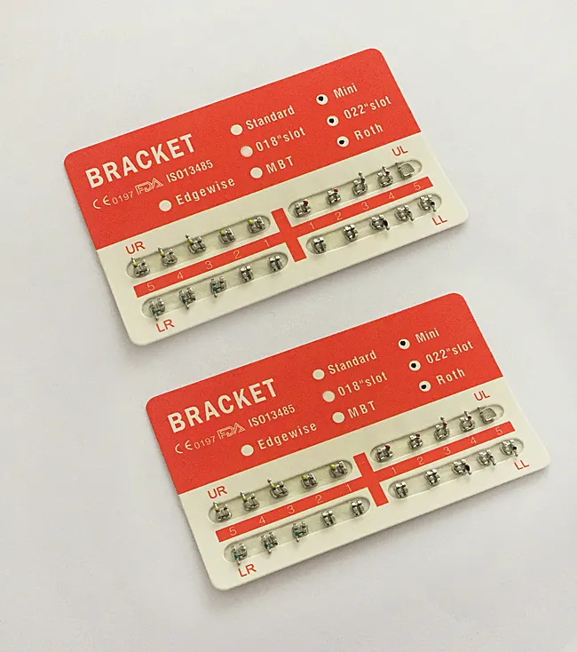 Soportes de metal de ortodoncia, mini roth 022, 345, soportes en paquete de tarjeta roja