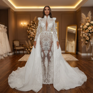 Robe de soirée en satin de chiffon haut de gamme, style fluide pour soirée, motif floral en dentelle et cristaux, perles, design numérique antistatique, col montant - Product Image 2