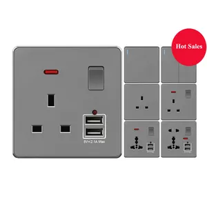 Grey Wall Switch UK Africa Electrical Switch Socket 1Gang 2Way British Standard Switch Socket 13amp USB Socket