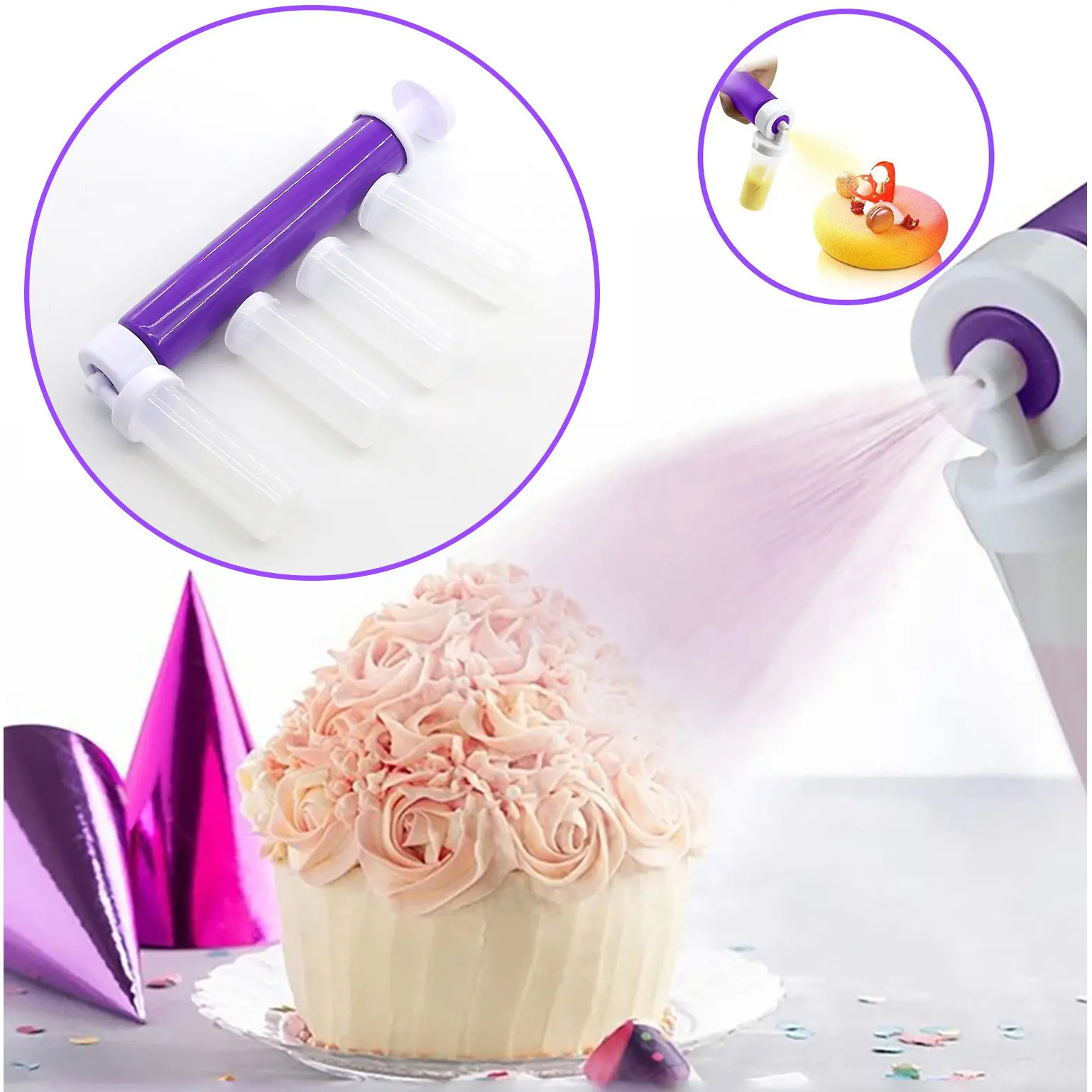 Pulvérisateur de pâtisserie multi-usages, fournitures de cuisson de couleur pour le gâteau, décoration de gâteau, Kits de pompe à air manuelle avec aérographe, 8 pièces