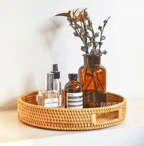 bathroom storage basket handle Woven Round Rattan Serving Tray Wicker plate Platter for Snack Bread Fruit Coffee cosmetics