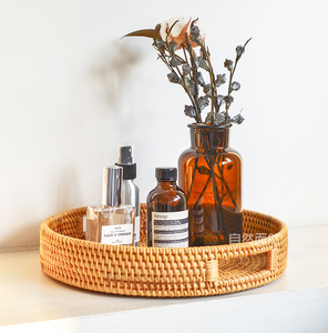 Panier de rangement pour la salle de bain, poignée ronde tissée en rotin, plateau de service en osier, plateau pour le pain, les fruits et le café cosmétiques