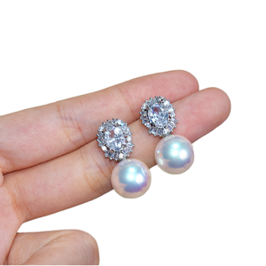 Europeo americano lujo 10K oro sólido aguja copo de nieve Stud pendientes diamante completo perla de agua dulce corte brillante fino - Product Image 1