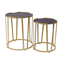 Ensemble de 2 table d'angle canapé et table basse, couvercle en verre, pour salon, corps en métal doré et noir