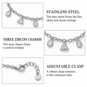 Bracelet à trois breloques en zircon, chaîne à maillons ovales plaquée or 14 carats avec pendentifs poire et triangle, options couleur or et argent, pour femme - Product Image 4