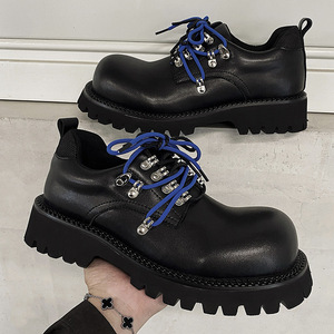 Fashion Color <b>Block</b> Shoelace Men Leather Shoes, Carabiner Decor Thick Sole Height Increase Round Toe Casual Party Leather Shoes - Product Image 2