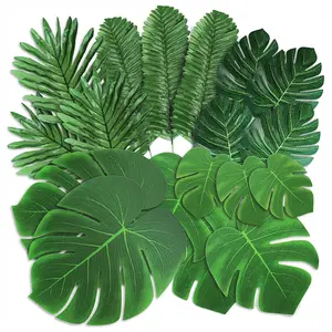 98pcs 6 Kinds Artificial Tropical Monstera Green Fake Palm Leaf Decorations with Stems for Safari Jungle Hawaiian Luau Party