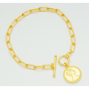 Exquisita Pulsera de Eslabones Tipo Clip con Moneda de Retrato en Oro Sólido de 9K/14K/18K, Cadena Elegante con Medallón para Joyería de Lujo Diaria - Product Image 5