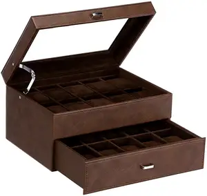男士奢华手表盒收纳盒20槽人造皮革手表展示柜，带真正的玻璃顶部，金属铰链，棕色