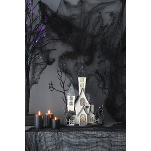 Casa Embrujada Iluminada de Cartón, 10x8.3x13.5 Pulgadas, Negra y Beige, Decoración de Mesa para Halloween, Funciona con Pilas - Product Image 1