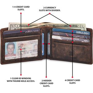 กระเป๋าสตางค์แบบพับได้สำหรับผู้ชาย Wise Owl Accessories หนังแท้ ป้องกัน RFID ช่องใส่บัตรบางเฉียบ หนัง Crazy Horse สีคอนยัค - Product Image 3