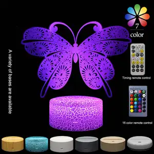 7 16 Couleurs Changement Tactile Interrupteur Crack Base Veilleuse Télécommande RGB Usb 3d Led Illusion Papillon Acrylique Lampe Veilleuses
