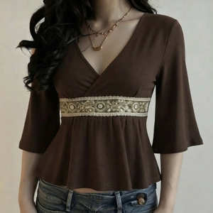 Women's <b>Y2K</b> Vintage Lace Patchwork Floral T-<b>Shirt</b> Cross V-Neck Loose A-Line Flared Sleeve Sexy Casual Blouse All Seasons - Product Image 4