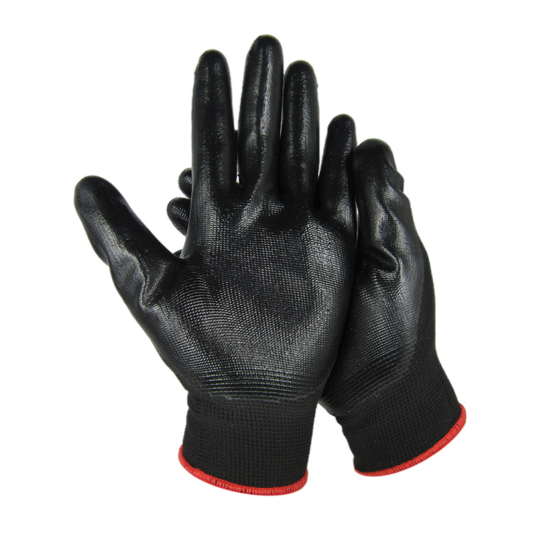 Black 13G Knitted Nitrile Coated Safety Work Gloves Nylon Polyester Gloves for Industry Building