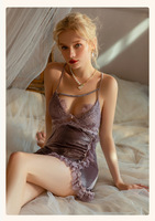 Chemise de nuit en satin respirant haut de gamme, sexy et érotique, avec dentelle exquise, couleur unie, en soie glacée séduisante