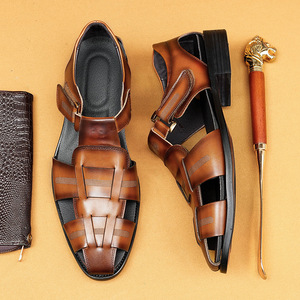 Sandalias de cuero genuino con tiras cruzadas, punta cuadrada, transpirables, zapatos de verano para hombre - Product Image 4
