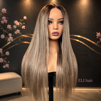 Peluca rubia europea estilo Ombre Milk Tea con cabello de bebé rubio ceniza, densidad pre-estilizada, ondas corporales, raíces marrones, pelucas de cabello humano para mujer.
