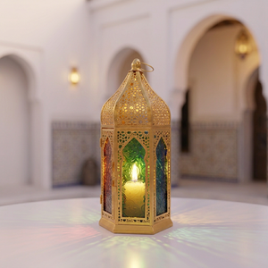 Lanterne à bougie marocaine en métal doré faite à la main, avec verre coloré, pour la décoration de table, de la maison et du Ramadan, dernières nouveautés en vente - Product Image 1