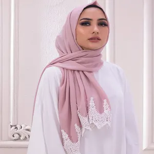 Popular Design can Custom Size LOGO Fashion Lace Patchwork Plain Color Chiffon Hijab Scarf