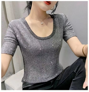 Ropa de Verano para <span class=keywords><strong>Mujer</strong></span>, Camisetas con Pedrería Brillante, Camisetas Negras con Diamantes Plateados para <span class=keywords><strong>Mujer</strong></span> - Product Image 3