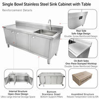 Évier simple en acier inoxydable avec grande table de travail, égouttoir et armoire pour cuisine commerciale
