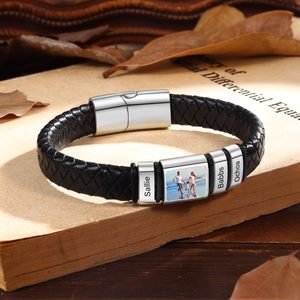 Brassard en <span class=keywords><strong>cuir</strong></span> tressé noir véritable pour hommes, accessoire de <span class=keywords><strong>bracelet</strong></span>, <span class=keywords><strong>bracelet</strong></span> en acier inoxydable, perle gravée, nom imprimé, <span class=keywords><strong>bracelet</strong></span> photo, bricolage personnalisé - Product Image 4
