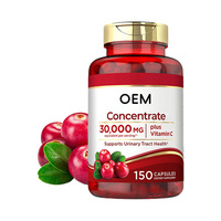 Extraits d'herbes, capsules de canneberge sauvage et de vitamine C (qualité alimentaire) en flacon pour la santé vaginale et les voies urinaires féminines