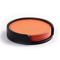 Vente en gros de sous-verres ronds en cuir PU orange Tapis de table pour boire Tasse à café Ensemble de sous-verres avec plateau de support résistant à la chaleur