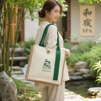 Sac fourre-tout de luxe en lin et jute pour spa et bien-être féminin, avec logo calligraphié, imprimé floral, poignée en ruban décoratif, personnalisation OEM/ODM