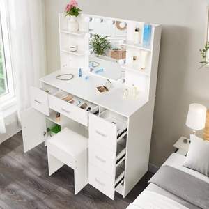Coiffeuse de chambre en chêne avec tiroirs, éclairage LED intelligent, tabouret sur pied et <span class=keywords><strong>panneau</strong></span> MDF moderne - Product Image 4
