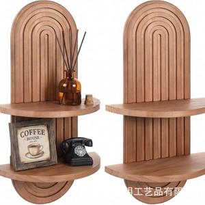 Wooden <b>Wall</b> <b>Mounted</b> Candle Holder Display Rack Arched Double Layer <b>Shelf</b> Vase Stand Natural Wood Color Geometric Design - Product Image 5