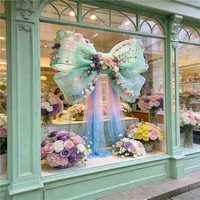 Lentevitrine kunstbloemen strikdecoraties winkelcentrum winkel visuele merchandising sfeerverhogende bloemstukken