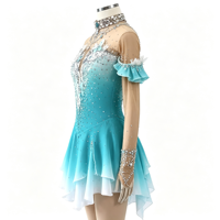 Robe de patinage artistique dégradé turquoise et blanc, ornée de fleurs 3D et de strass, dos ouvert, pour adultes et enfants