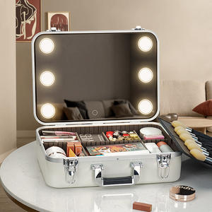 Caja de almacenamiento de maquillaje profesional con espejo Led y luces, organizador de cosméticos portátil para uso doméstico, Material de PC de Color sólido - Product Image 3