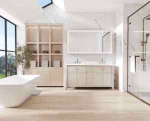 Modern Water Resistant Solid Wood Floor Standing Rectangle Bathroom <b>Vanity</b> Porcelain Basin Double Sink <b>LED</b> <b>Mirror</b> Mirrored - Product Image 2