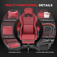 Chaise de jeu rouge style course, ergonomique, inclinable, avec repose-pieds, appui-tête, coussin lombaire, chaise de bureau pivotante réglable