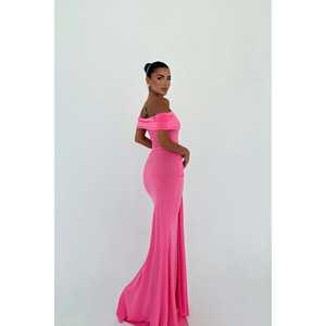 Robe de soirée fuchsia Allalia en satin, coupe trapèze, taille empire, longueur ras du sol, simple, ornée de perles, drapée, scintillante, avec strass et perles, décolleté cœur - Product Image 1