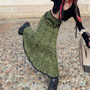 European American Retro <b>Printed</b> Mermaid <b>Maxi</b> <b>Skirt</b> Women Irregular Lace Trim Reverse Stitch Elastic Waist Slim Fit <b>Skirt</b> - Product Image 2