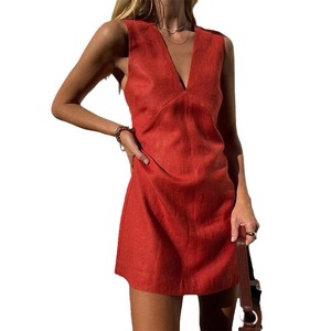 Abito Estivo Europeo e Americano da Ragazza Piccante, Scollo a V, in Cotone e Lino, Senza Maniche, Gonna Tubino Dritta, Vestito Aderente, Gonna Corta a Tubo - Product Image 1