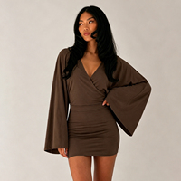 Robe mini moulante d'été pour femme, col en V, manches évasées, taille naturelle, couleur unie, sexy, décontractée, en Spandex/Polyester respirant, style portefeuille