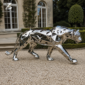 Scultura Geometrica di Leopardo in Acciaio Inossidabile, Statua di <span class=keywords><strong>Pantera</strong></span> Lucidata a Specchio per Ingressi di Ville, Hotel e Decorazioni da Giardino - Product Image 1