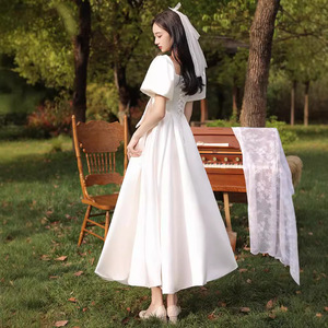 Vestido <span class=keywords><strong>de</strong></span> Noche Delgado Blanco para Mujer, Estilo Francés, Satinado, Ligero, para Otoño, Compromiso o <span class=keywords><strong>Boda</strong></span> - Product Image 5